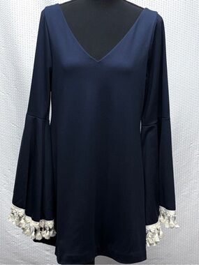 Judith March Boho Tassel Fringe Dress Women’s L Navy Bell Sleeve Tunic Mini